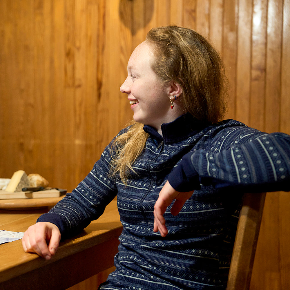Womens Merino Blend 250 Fairisle Jacquard Long Sleeve Zip Neck (Navy/Denim/Agave) | Model: Olivia