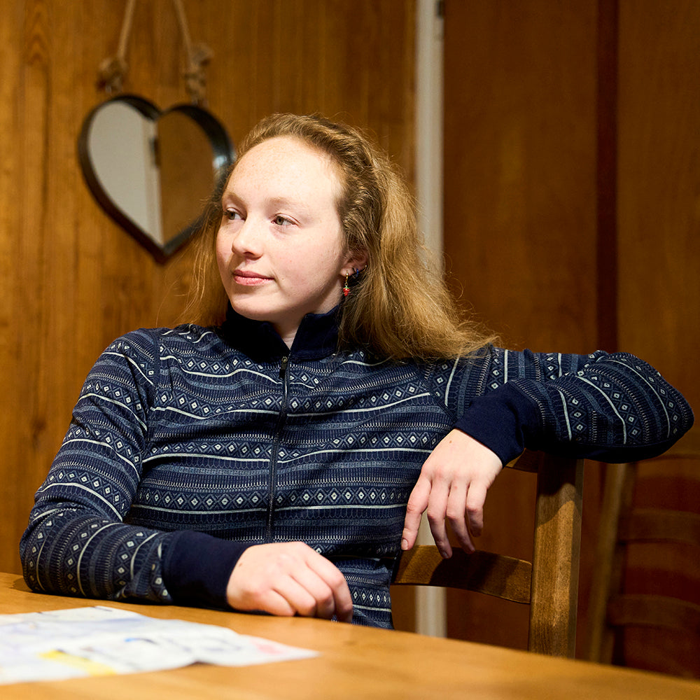 Womens Merino Blend 250 Fairisle Jacquard Long Sleeve Zip Neck (Navy/Denim/Agave) | Model: Olivia