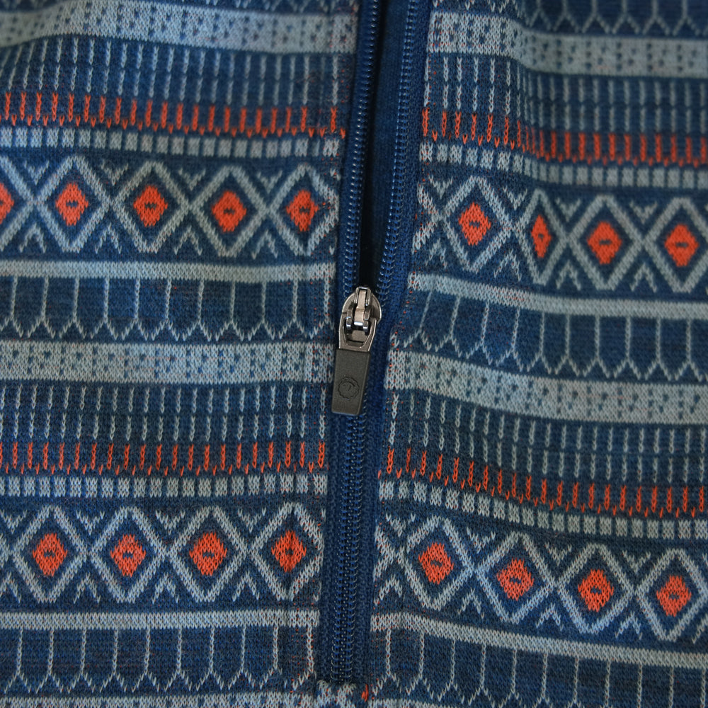 Womens Merino Blend 250 Fairisle Jacquard Long Sleeve Zip Neck (Petrol/Lagoon/Orange)