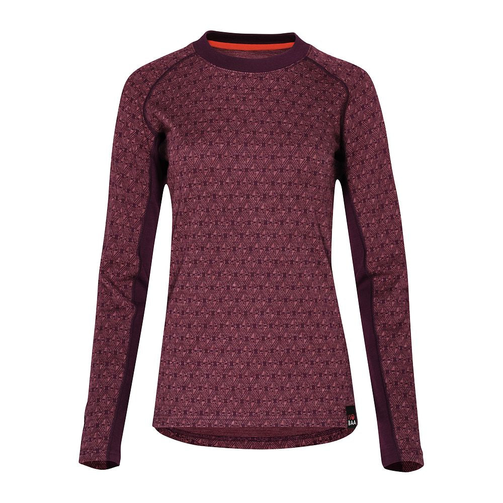 Womens Merino Blend 250 Geometric Jacquard Long Sleeve Crew (Wine/Mauve)