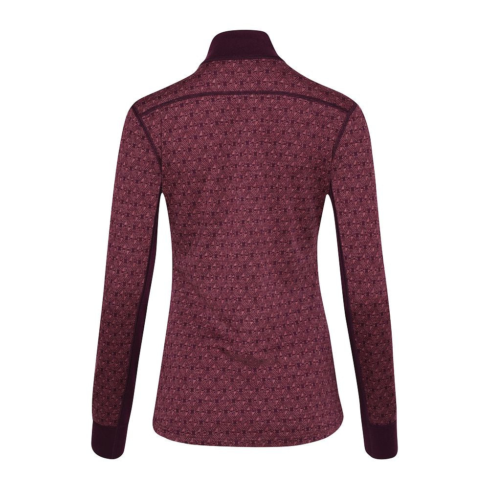Womens Merino Blend 250 Geometric Jacquard Long Sleeve Zip Neck (Wine/Mauve)