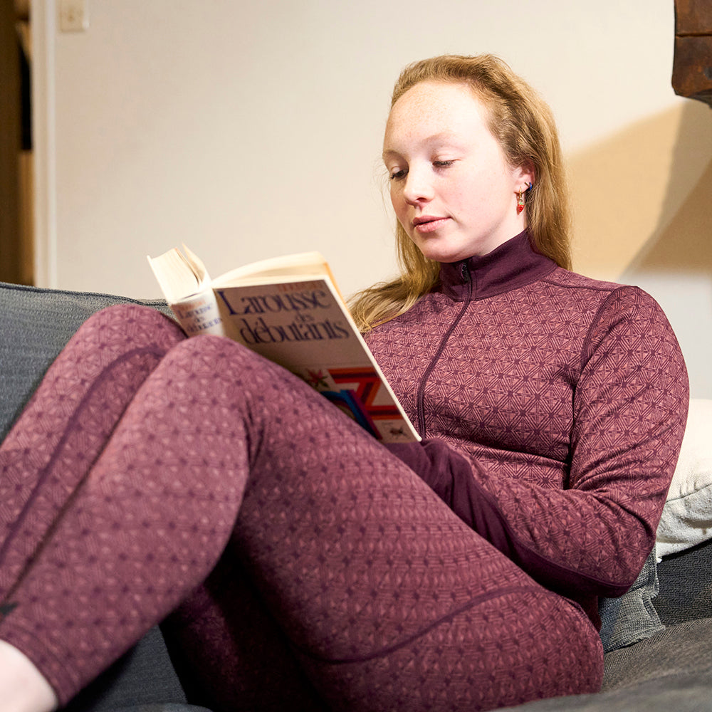 Womens Merino Blend 250 Geometric Jacquard Long Sleeve Zip Neck (Wine/Mauve) | Model: Olivia