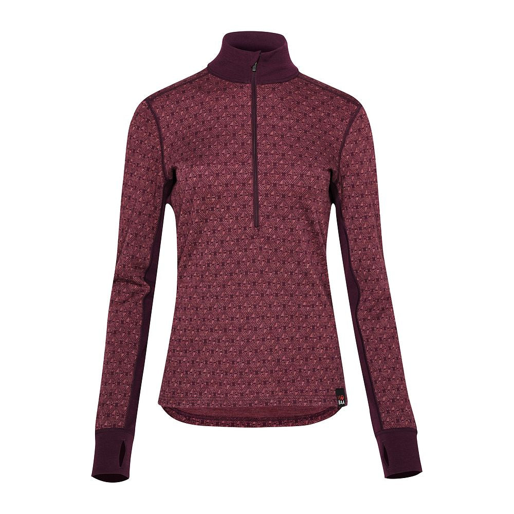 Womens Merino Blend 250 Geometric Jacquard Long Sleeve Zip Neck (Wine/Mauve)