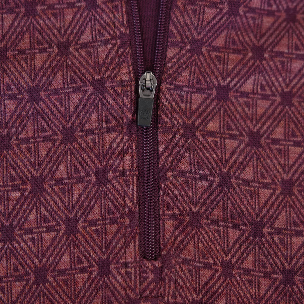 Womens Merino Blend 250 Geometric Jacquard Long Sleeve Zip Neck (Wine/Mauve)