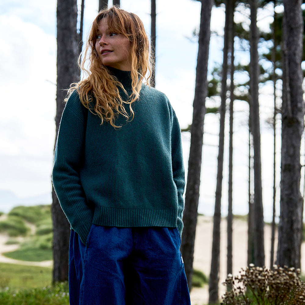 Womens Herdwick Merino Funnel Neck Sweater (Sea Green) | Model: Emma