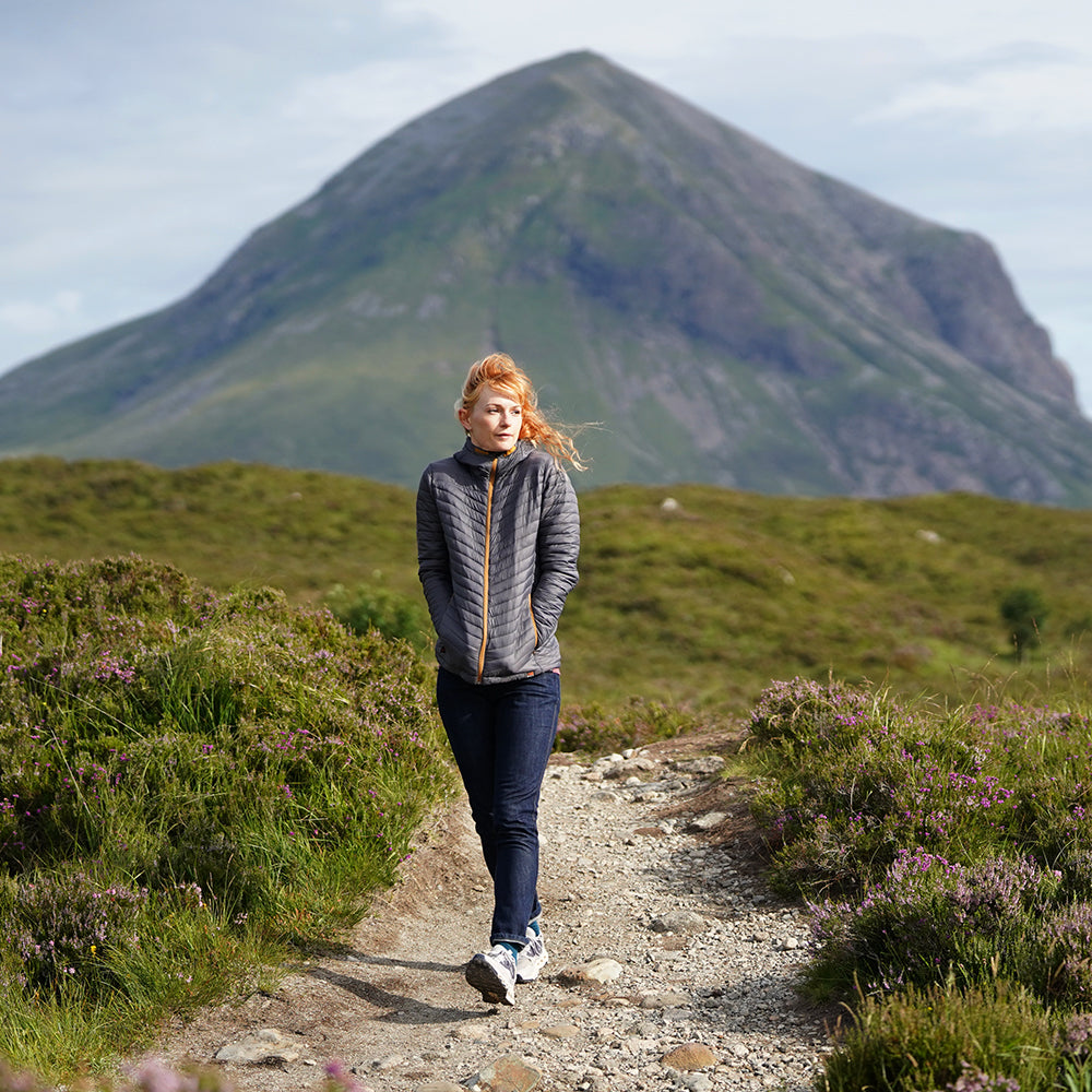 Isobaa Womens Merino Wool Insulated Jacket (Smoke/Mustard) | Model: Emma