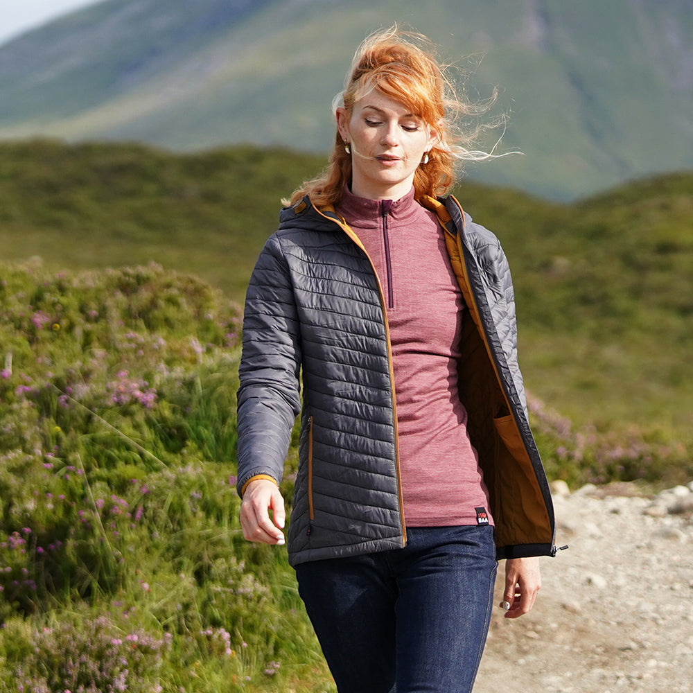 Isobaa Womens Merino Wool Insulated Jacket (Smoke/Mustard) | Model: Emma