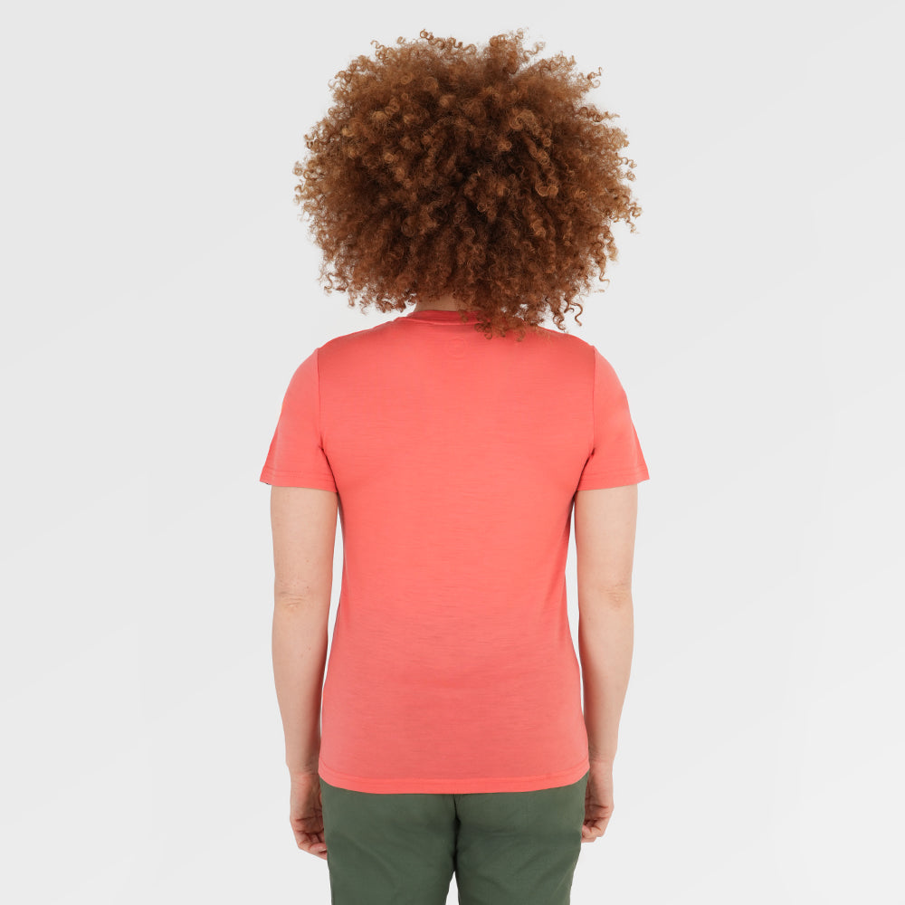 Womens Merino 150 Emblem Tee (Coral/Pink) | Model: Chi Chi
