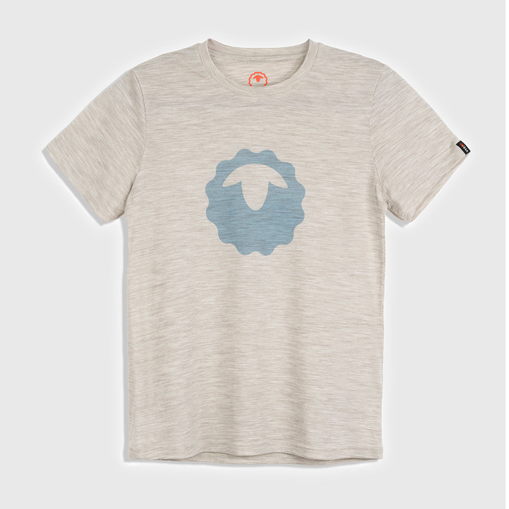 Womens Merino 150 Emblem Tee (Jute/Lagoon)