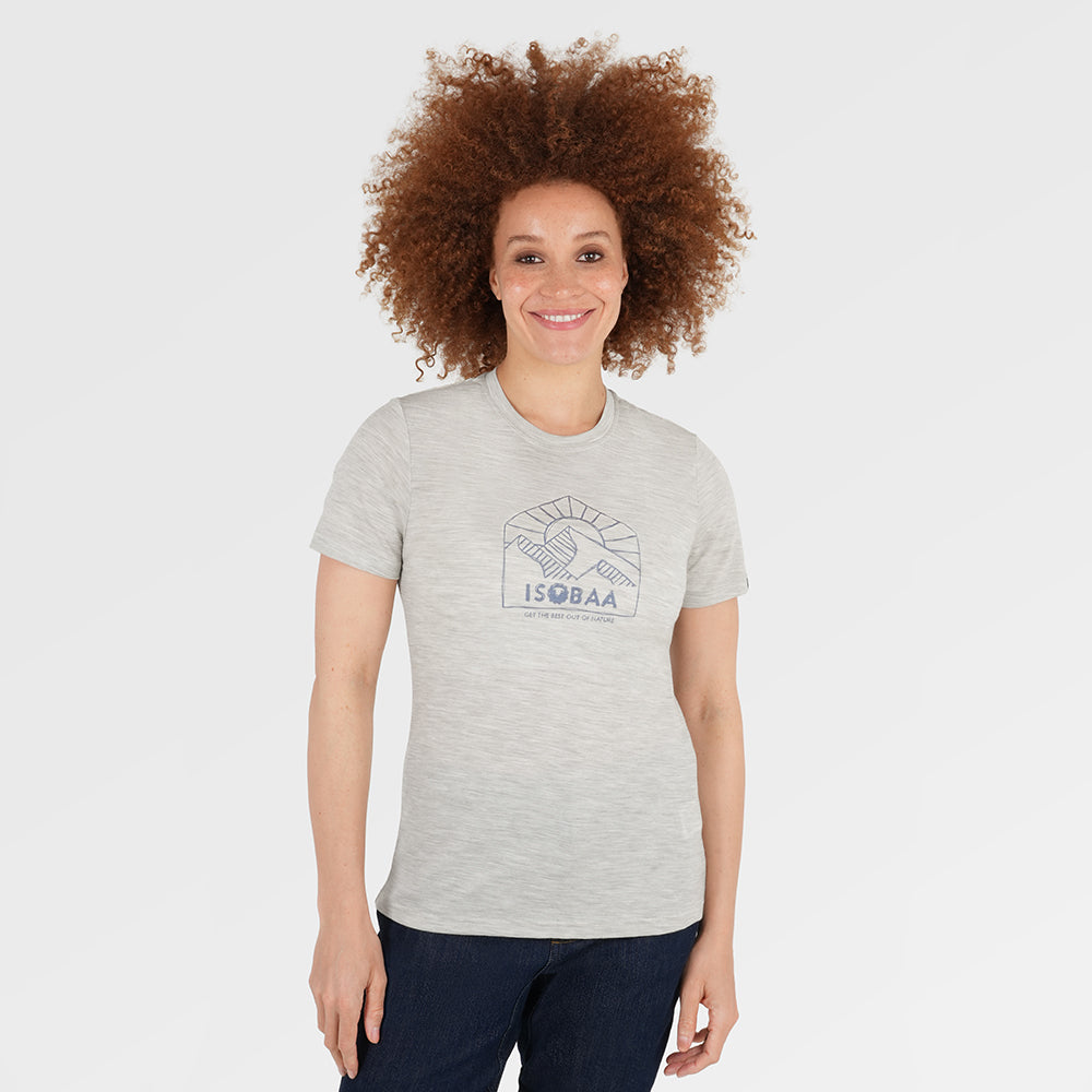 Womens Merino 150 Sketched Sunset Tee (Jute/Denim) | Model: Chi Chi