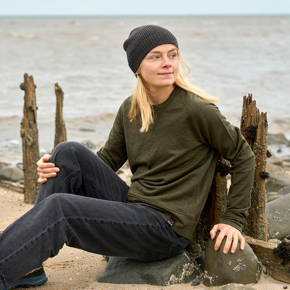 Womens Merino 260 Lounge Sweatshirt (Dark Olive) | Model: Cat