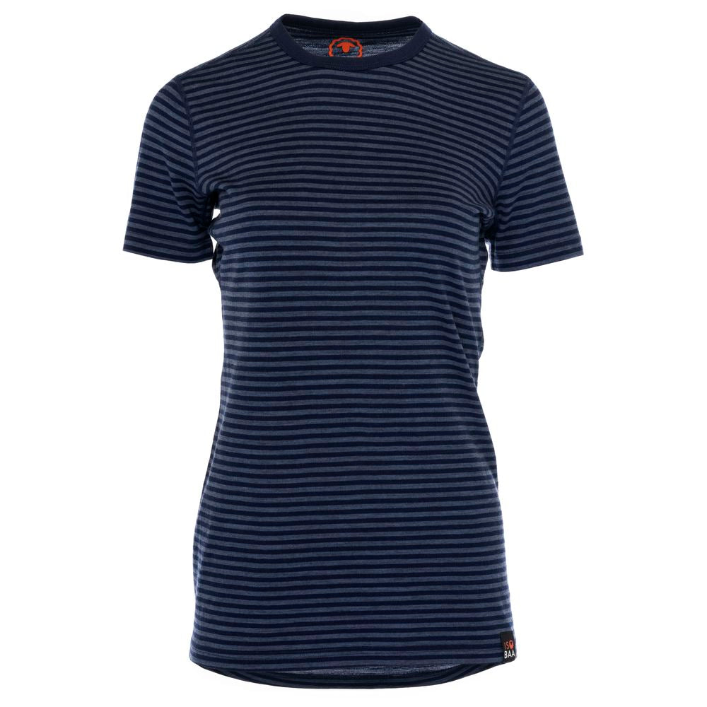 Isobaa | Womens Merino 150 Short Sleeve Crew (Stripe Navy/Denim) | Gear up for performance and comfort with Isobaa's technical Merino short-sleeved top.