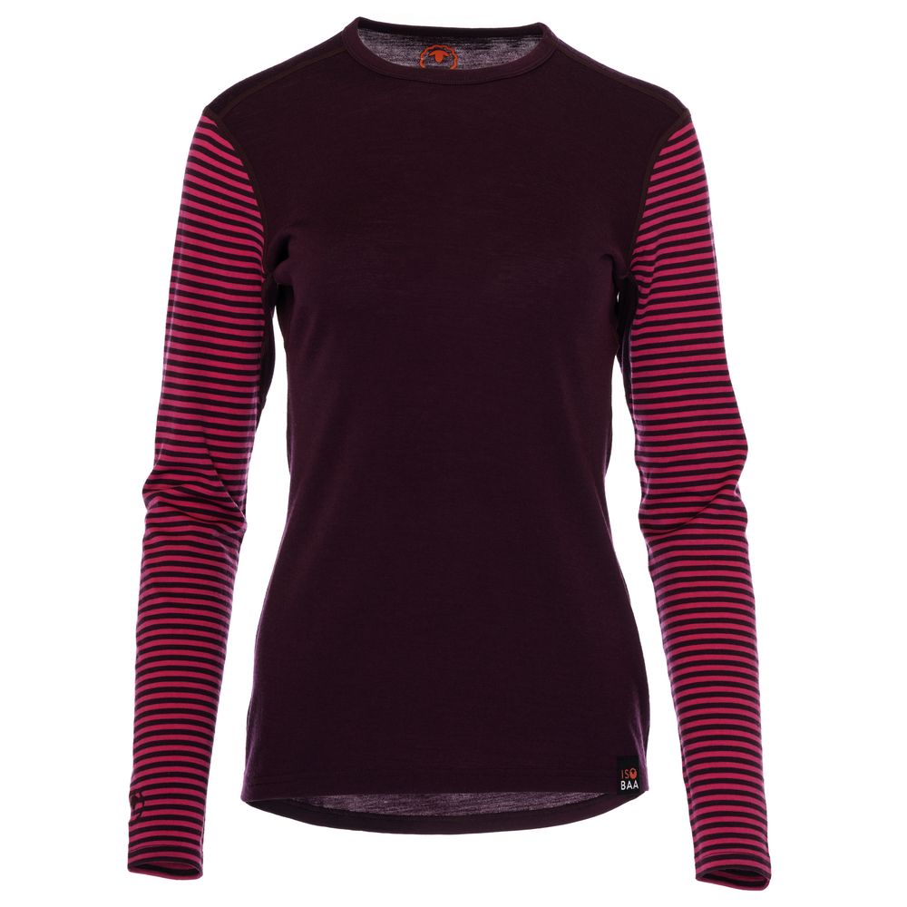 Isobaa | Womens Merino 180 Long Sleeve Crew (Stripe Wine/Fuchsia) | Get outdoors with the ultimate Merino wool long-sleeve top.