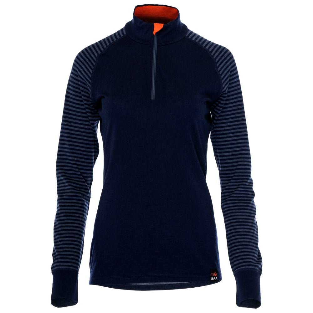 Isobaa | Womens Merino 200 Long Sleeve Zip Neck (Stripe Navy/Denim) | Experience the best of 200gm Merino wool with this ultimate half-zip top – your go-to for challenging hikes, chilly bike commutes, post-workout layering, and unpredictable weather.