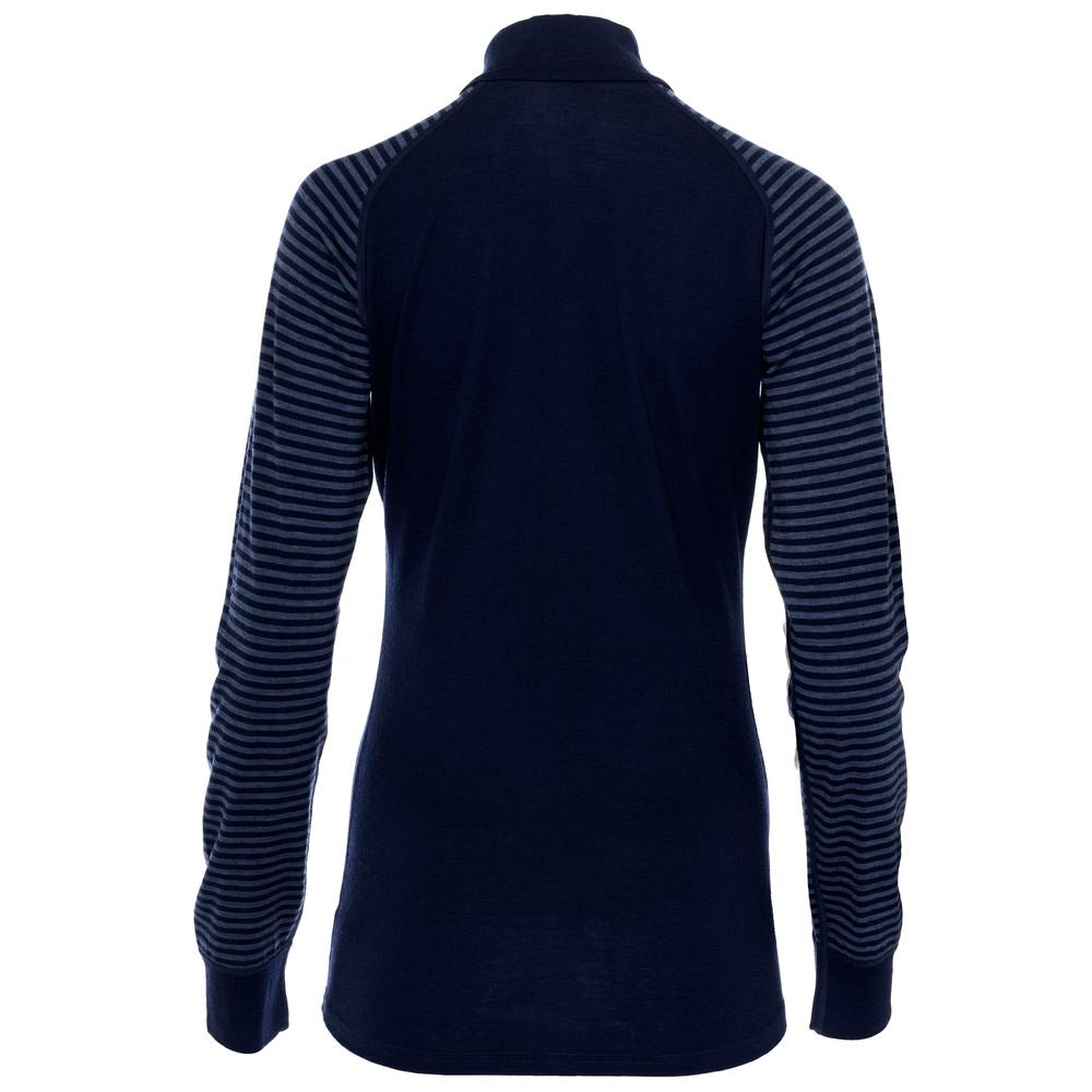Isobaa | Womens Merino 200 Long Sleeve Zip Neck (Stripe Navy/Denim) | Experience the best of 200gm Merino wool with this ultimate half-zip top – your go-to for challenging hikes, chilly bike commutes, post-workout layering, and unpredictable weather.