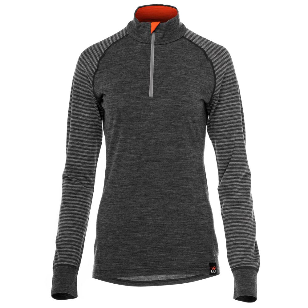 Isobaa | Womens Merino 200 Long Sleeve Zip Neck (Stripe Smoke/Charcoal) | Experience the best of 200gm Merino wool with this ultimate half-zip top – your go-to for challenging hikes, chilly bike commutes, post-workout layering, and unpredictable weather.