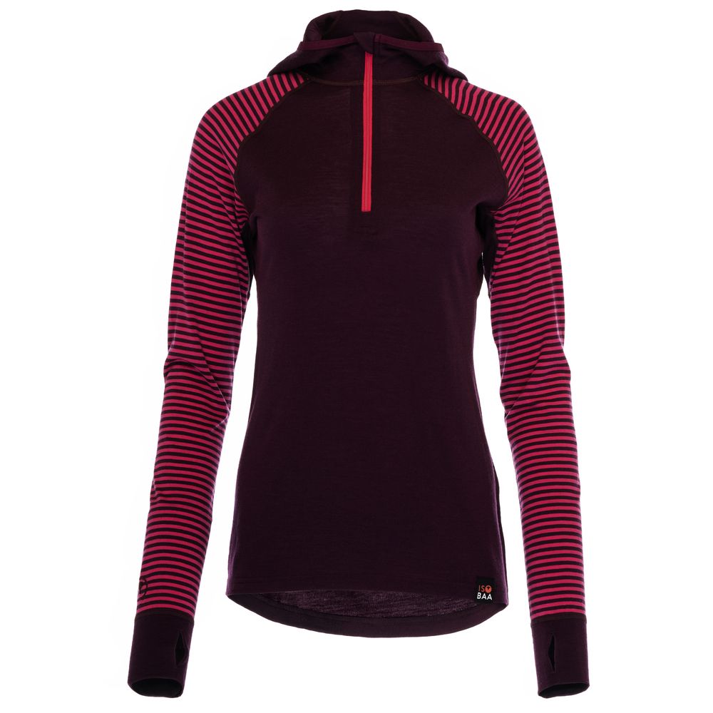 Isobaa | Womens Merino 200 Zip Neck Hoodie (Stripe Wine/Fuchsia) | The ultimate 200gm Merino wool hoodie.