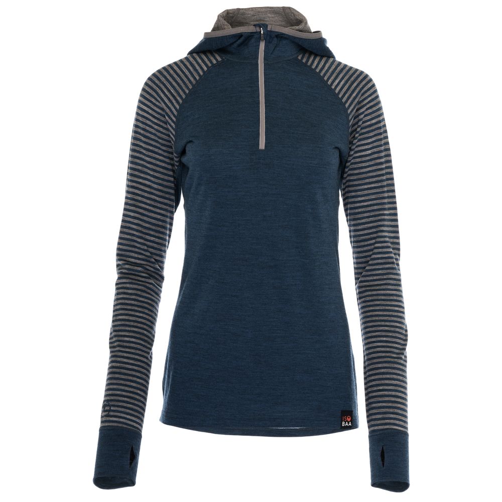 Isobaa | Womens Merino 200 Zip Neck Hoodie (Stripe Petrol/Charcoal) | The ultimate 200gm Merino wool hoodie.