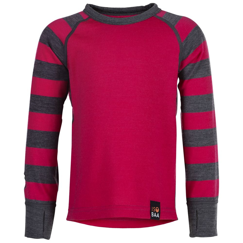 Isobaa | Kids Merino Blend 200 Long Sleeve Crew (Stripe Fuchsia/Smoke) | Your child's new favorite top: warm, breathable, and always comfortable thanks to Isobaa's Merino Wool blend.