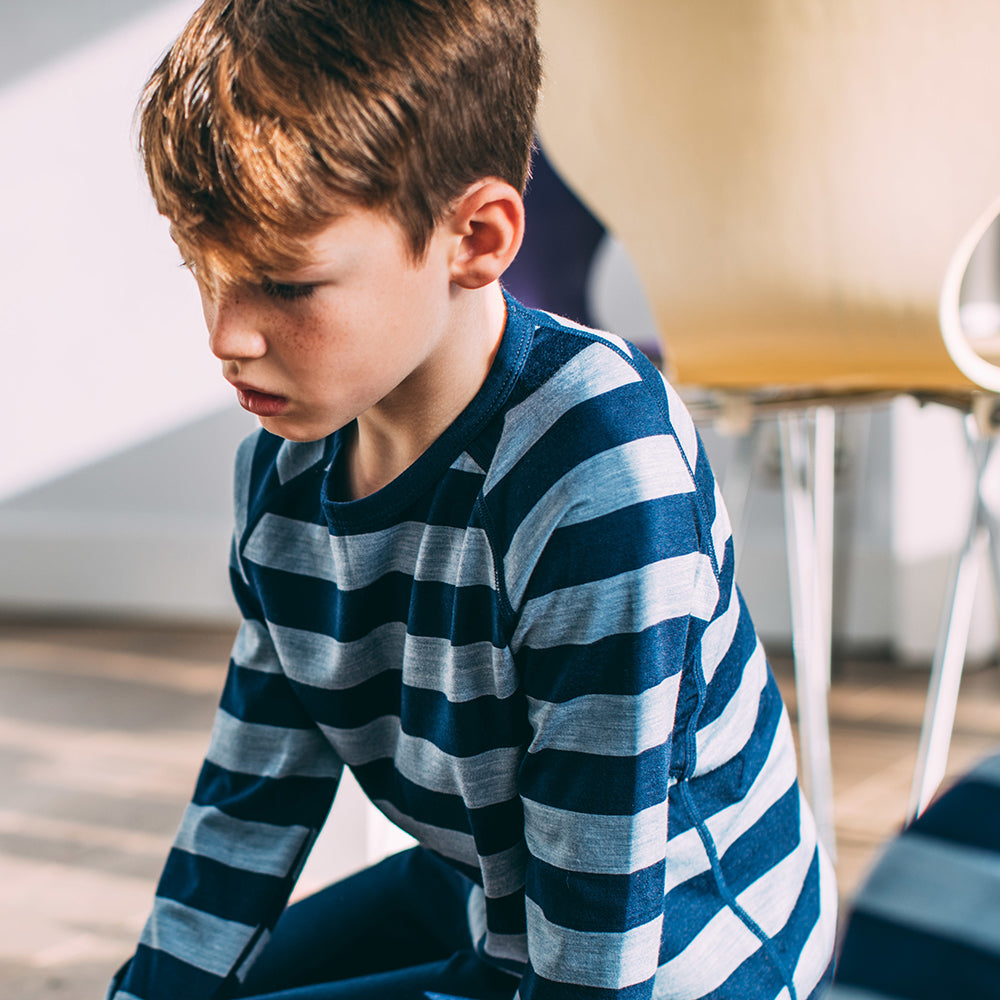 Isobaa | Junior Merino Blend 200 Long Sleeve Crew (Stripe Navy/Sky) | Your child's new favorite top: warm, breathable, and always comfortable thanks to Isobaa's Merino Wool blend.