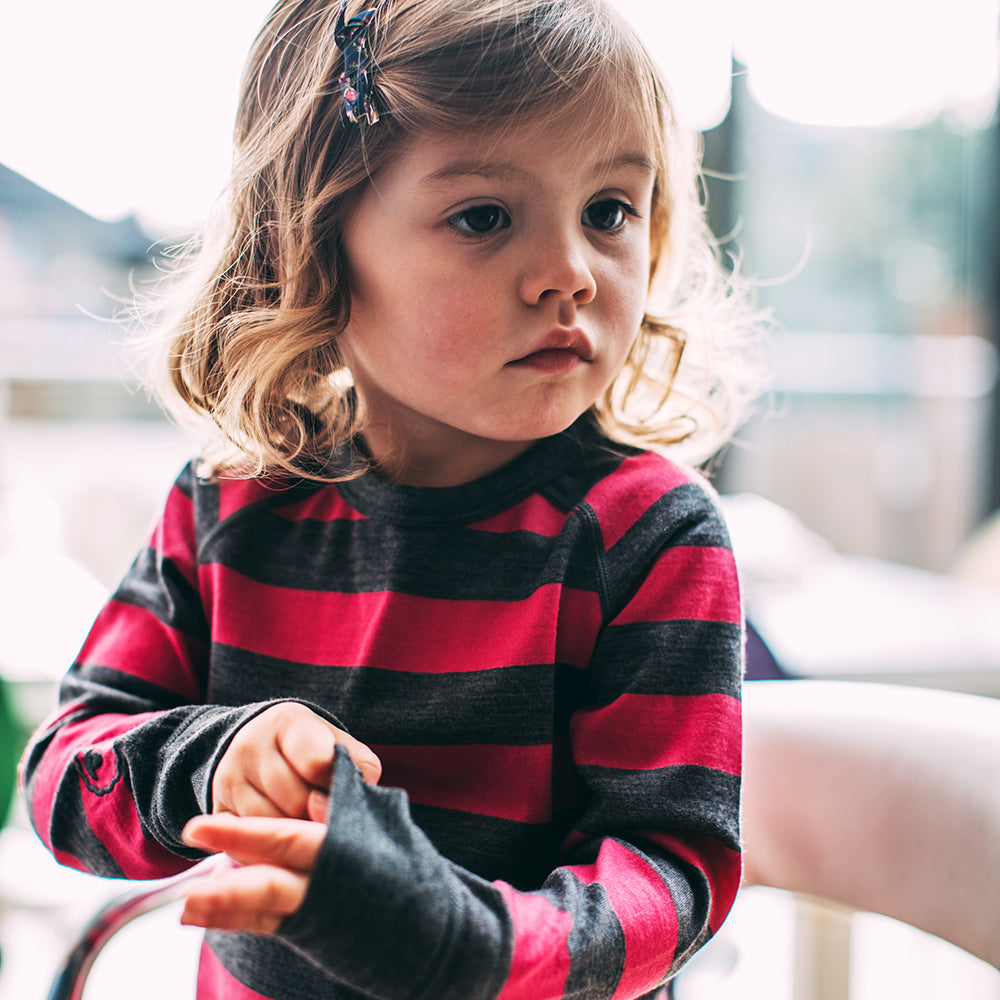 Isobaa | Kids Merino Blend 200 Long Sleeve Crew (Stripe Smoke/Fuchsia) | Your child's new favorite top: warm, breathable, and always comfortable thanks to Isobaa's Merino Wool blend.