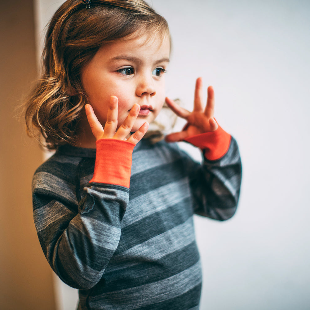 Isobaa | Kids Merino Blend 200 Long Sleeve Crew (Stripe Charcoal/Smoke) | Your child's new favorite top: warm, breathable, and always comfortable thanks to Isobaa's Merino Wool blend.