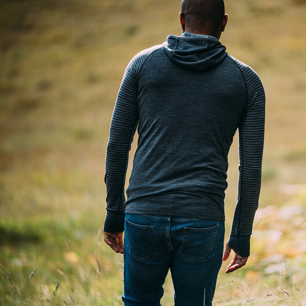 Isobaa | Mens Merino 200 Zip Neck Hoodie (Stripe Smoke/Charcoal) | The ultimate 200gm Merino wool hoodie. | Model: Edirin