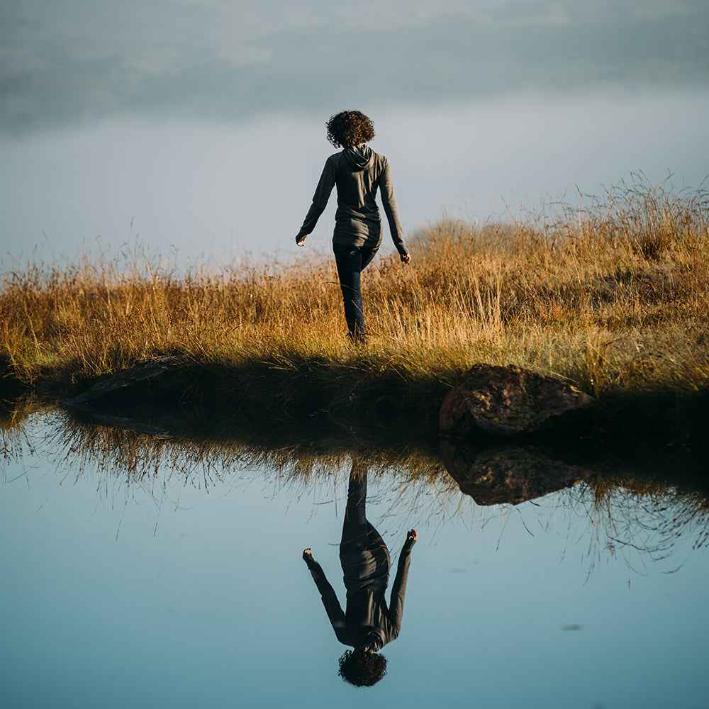 Isobaa | Womens Merino 200 Zip Neck Hoodie (Stripe Smoke/Charcoal) | The ultimate 200gm Merino wool hoodie. | Model: Micah