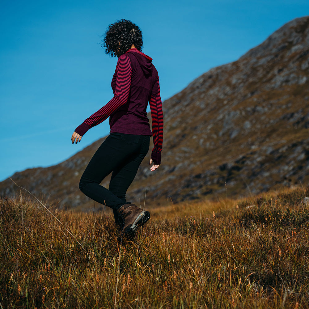 Isobaa | Womens Merino 200 Zip Neck Hoodie (Stripe Wine/Fuchsia) | The ultimate 200gm Merino wool hoodie. | Model: Micah