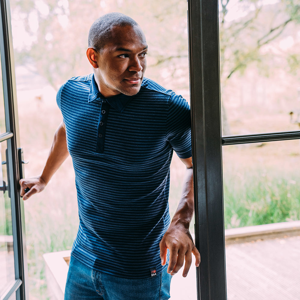 Isobaa | Mens Merino 180 Short Sleeve Polo Shirt (Stripe Navy/Denim) | The ultimate Merino wool polo – perfect for weekend hikes, bike commutes, post-adventure coffee stops, office days, and everything in-between. | Model: Edirin