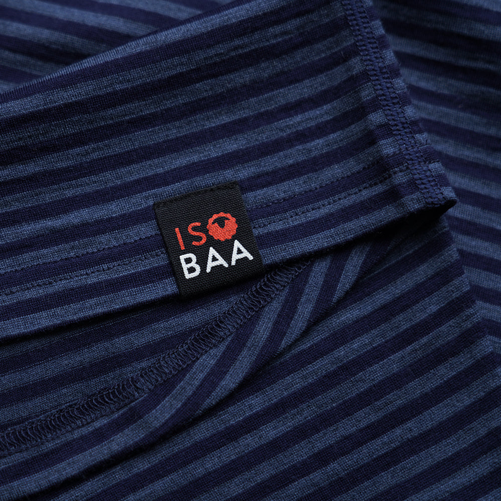 Isobaa | Womens Merino 150 Short Sleeve Crew (Stripe Navy/Denim) | Gear up for performance and comfort with Isobaa's technical Merino short-sleeved top.