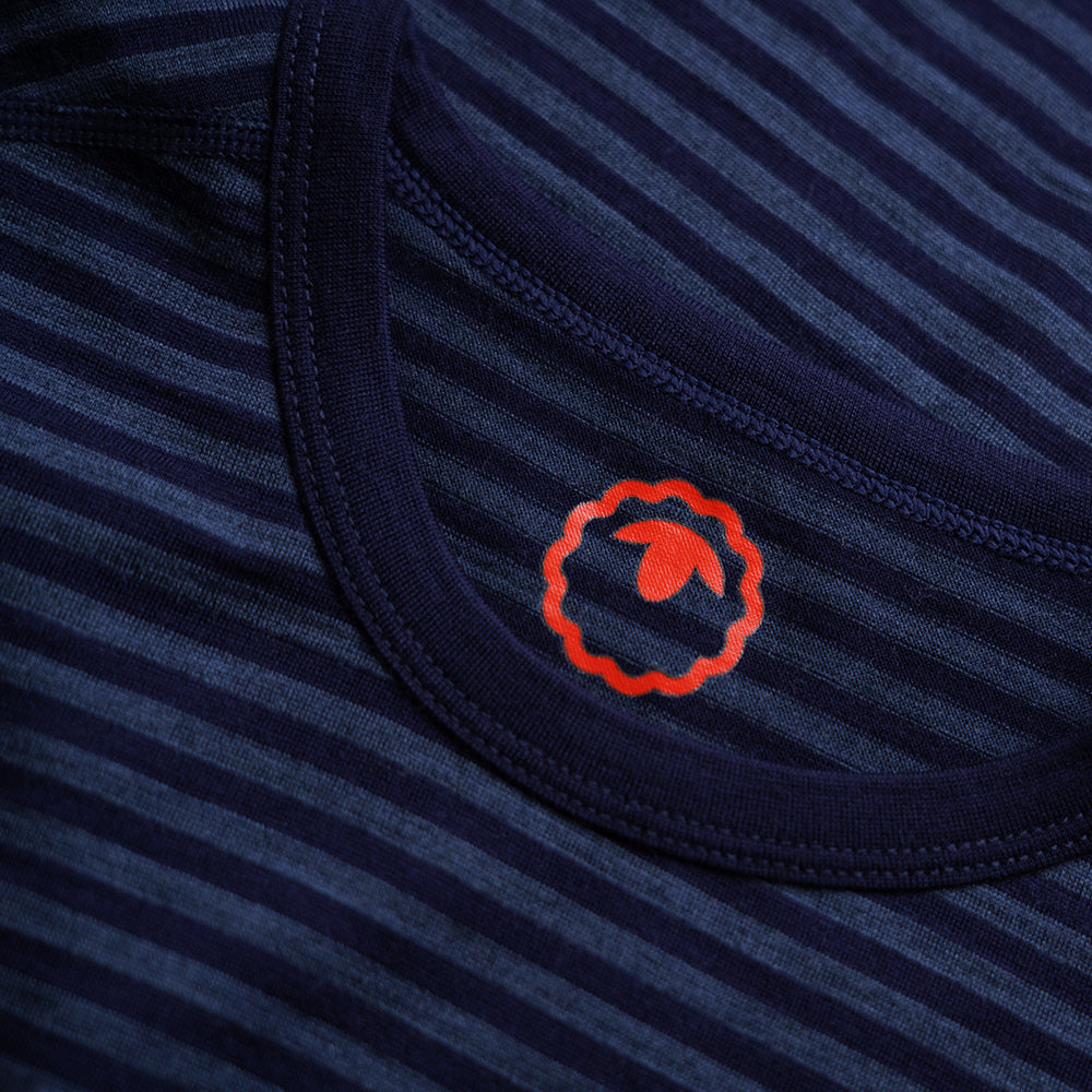 Isobaa | Womens Merino 150 Short Sleeve Crew (Stripe Navy/Denim) | Gear up for performance and comfort with Isobaa's technical Merino short-sleeved top.