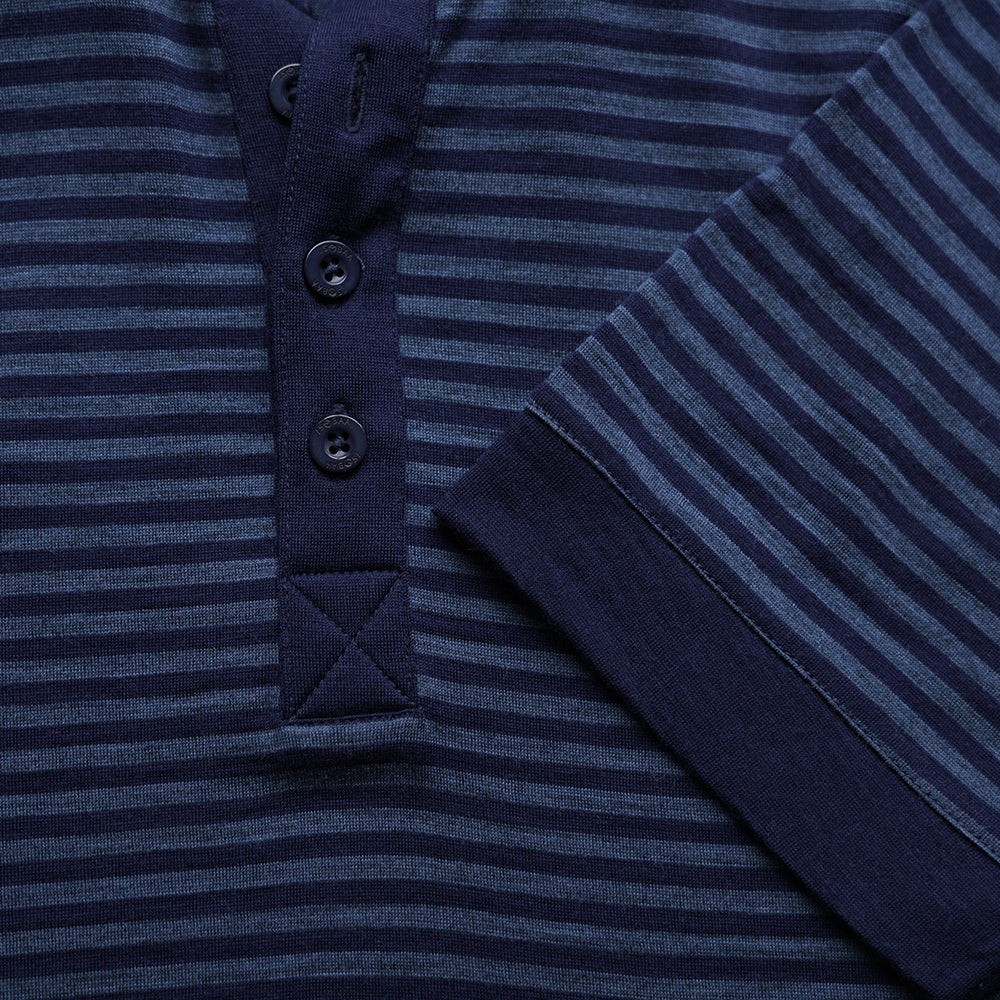 Isobaa | Mens Merino 180 Short Sleeve Polo Shirt (Stripe Navy/Denim) | The ultimate Merino wool polo – perfect for weekend hikes, bike commutes, post-adventure coffee stops, office days, and everything in-between.