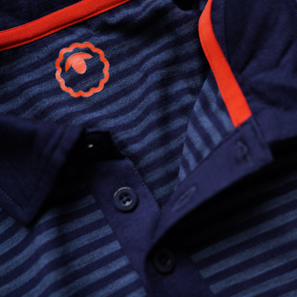 Isobaa | Mens Merino 180 Short Sleeve Polo Shirt (Stripe Navy/Denim) | The ultimate Merino wool polo – perfect for weekend hikes, bike commutes, post-adventure coffee stops, office days, and everything in-between.