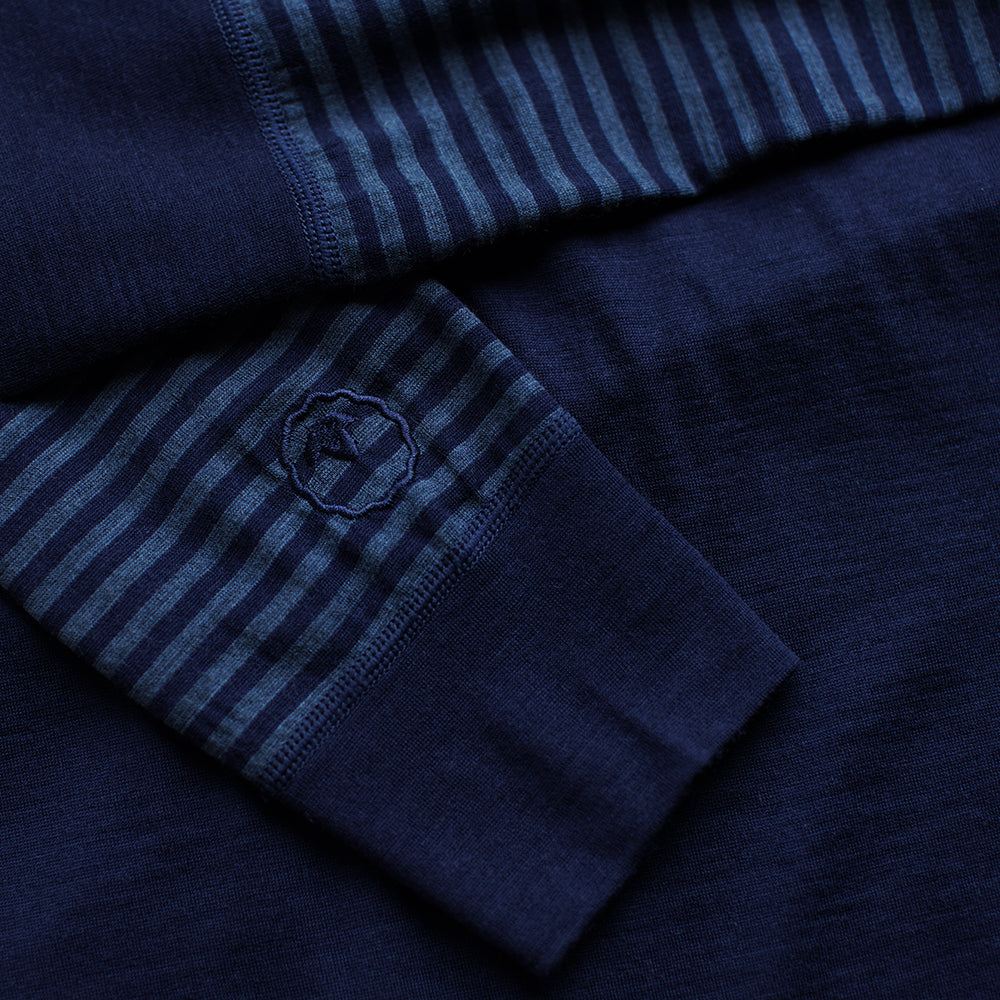 Isobaa | Mens Merino 200 Long Sleeve Zip Neck (Stripe Navy/Denim) | Experience the best of 200gm Merino wool with this ultimate half-zip top – your go-to for challenging hikes, chilly bike commutes, post-workout layering, and unpredictable weather.