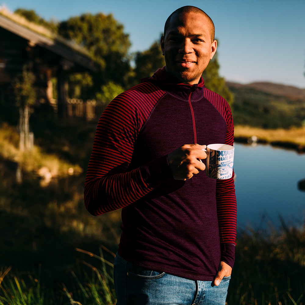 Isobaa | Mens Merino 200 Zip Neck Hoodie (Stripe Wine/Red) | The ultimate 200gm Merino wool hoodie. | Model: Edirin