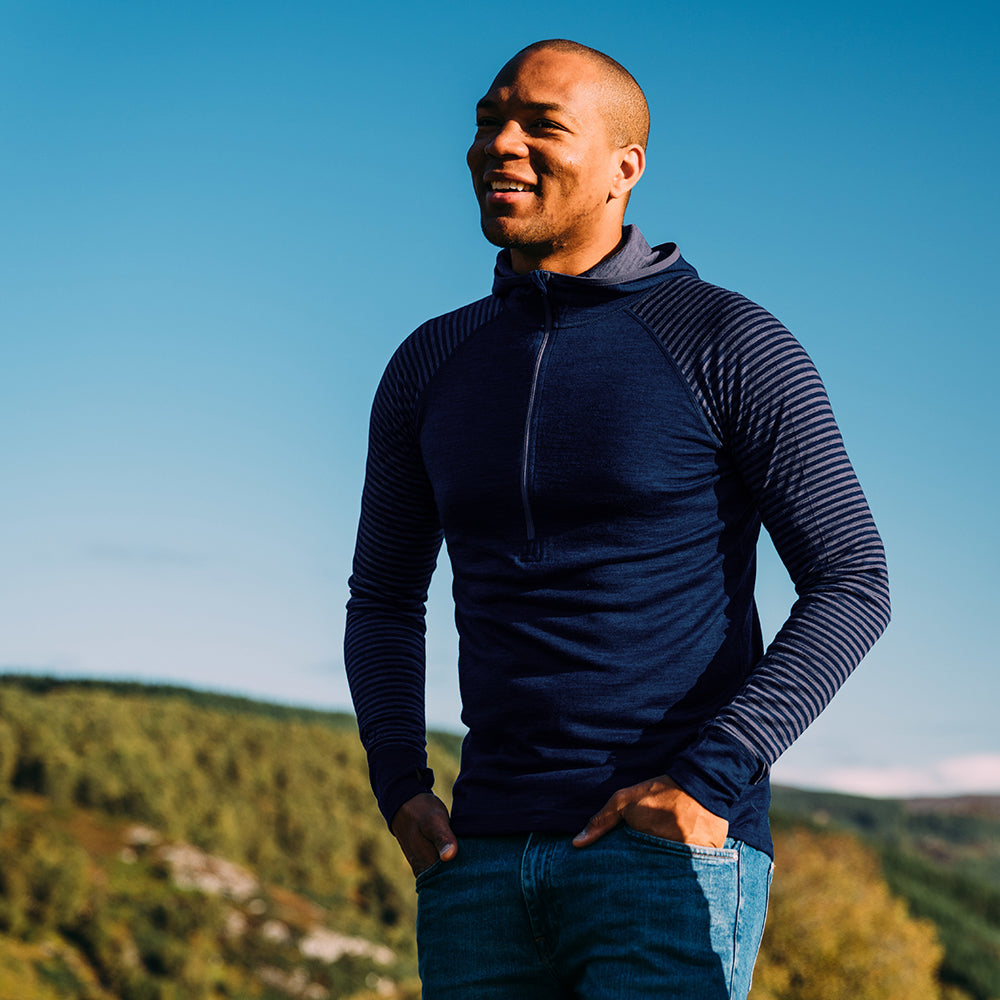 Isobaa | Mens Merino 200 Zip Neck Hoodie (Stripe Navy/Denim) | The ultimate 200gm Merino wool hoodie. | Model: Edirin