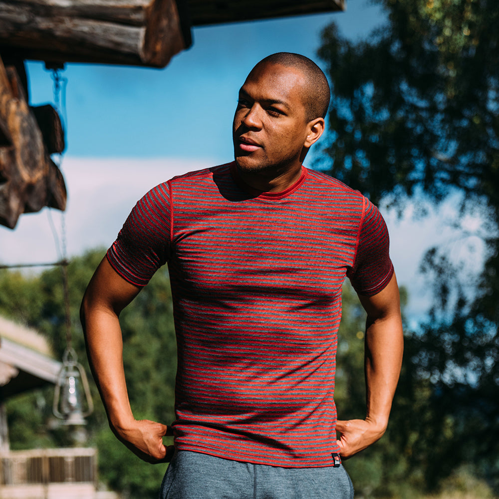 Isobaa | Mens Merino 150 Short Sleeve Crew (Stripe Red/Smoke) | Gear up for performance and comfort with Isobaa's technical Merino short-sleeved top. | Model: Edirin