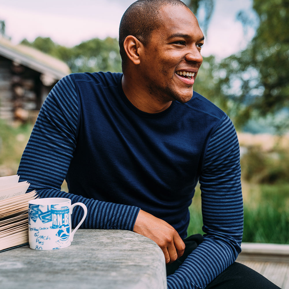 Isobaa | Mens Merino 180 Long Sleeve Crew (Stripe Navy/Denim) | Get outdoors with the ultimate Merino wool long-sleeve top. | Model: Edirin