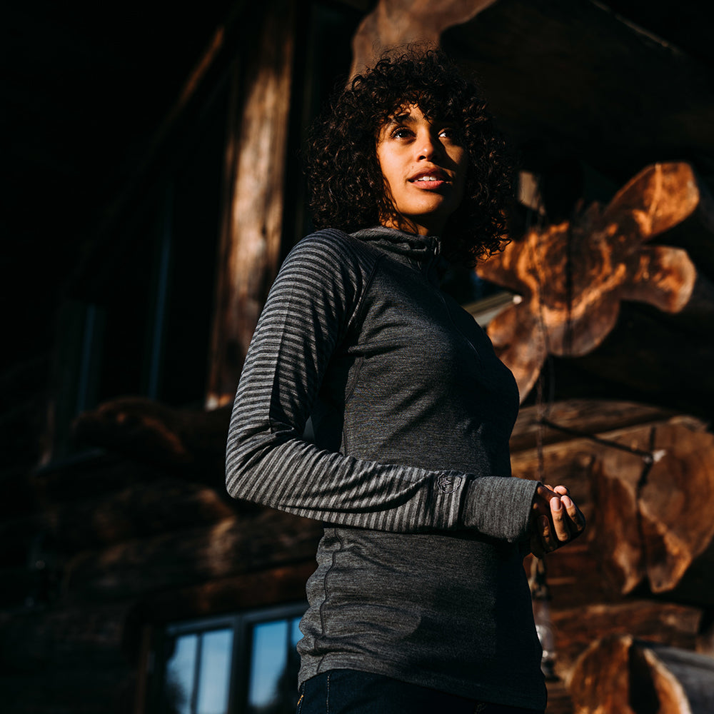 Isobaa | Womens Merino 200 Zip Neck Hoodie (Stripe Smoke/Charcoal) | The ultimate 200gm Merino wool hoodie. | Model: Micah