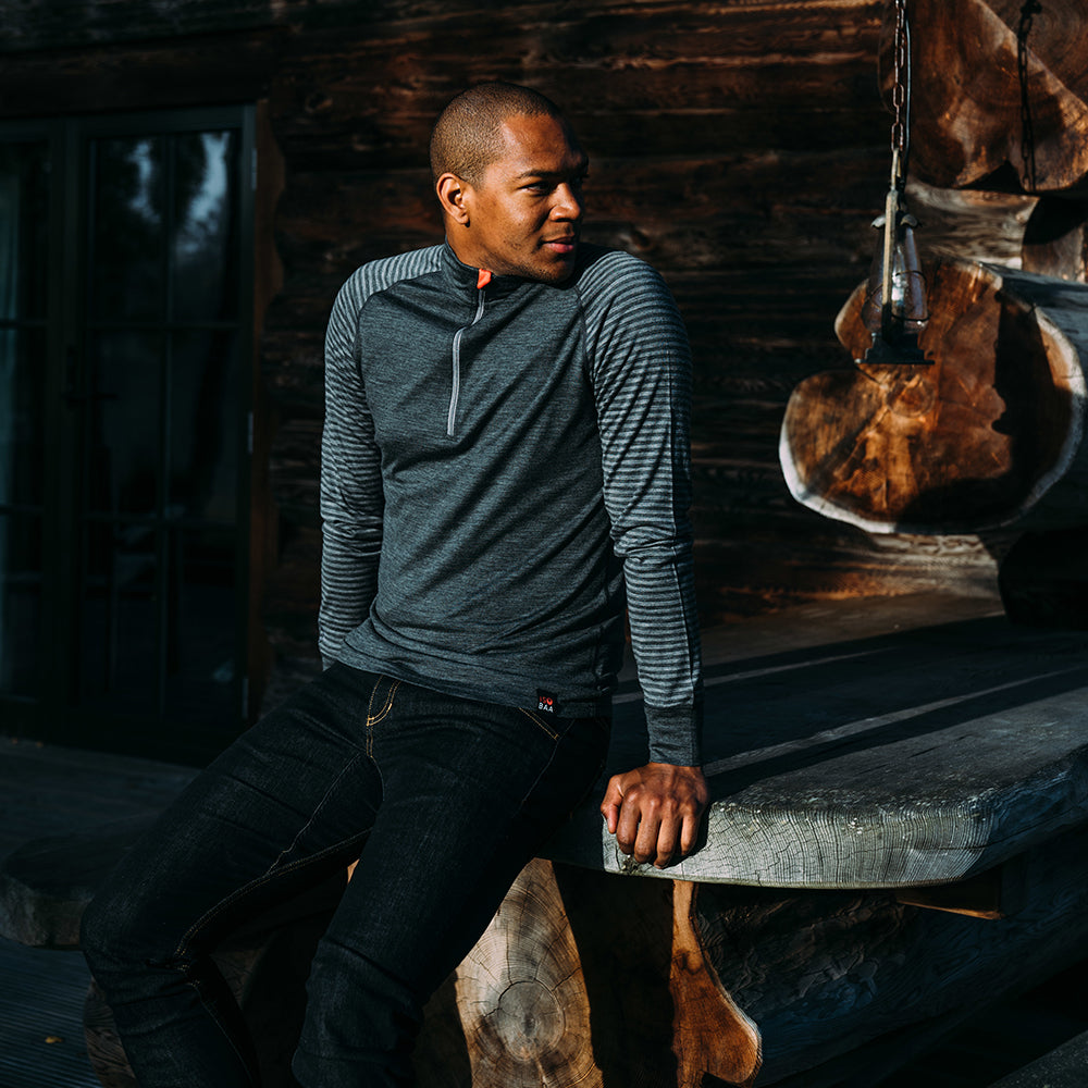 Isobaa | Mens Merino 200 Long Sleeve Zip Neck (Stripe Smoke/Charcoal) | Experience the best of 200gm Merino wool with this ultimate half-zip top – your go-to for challenging hikes, chilly bike commutes, post-workout layering, and unpredictable weather. | Model: Edirin