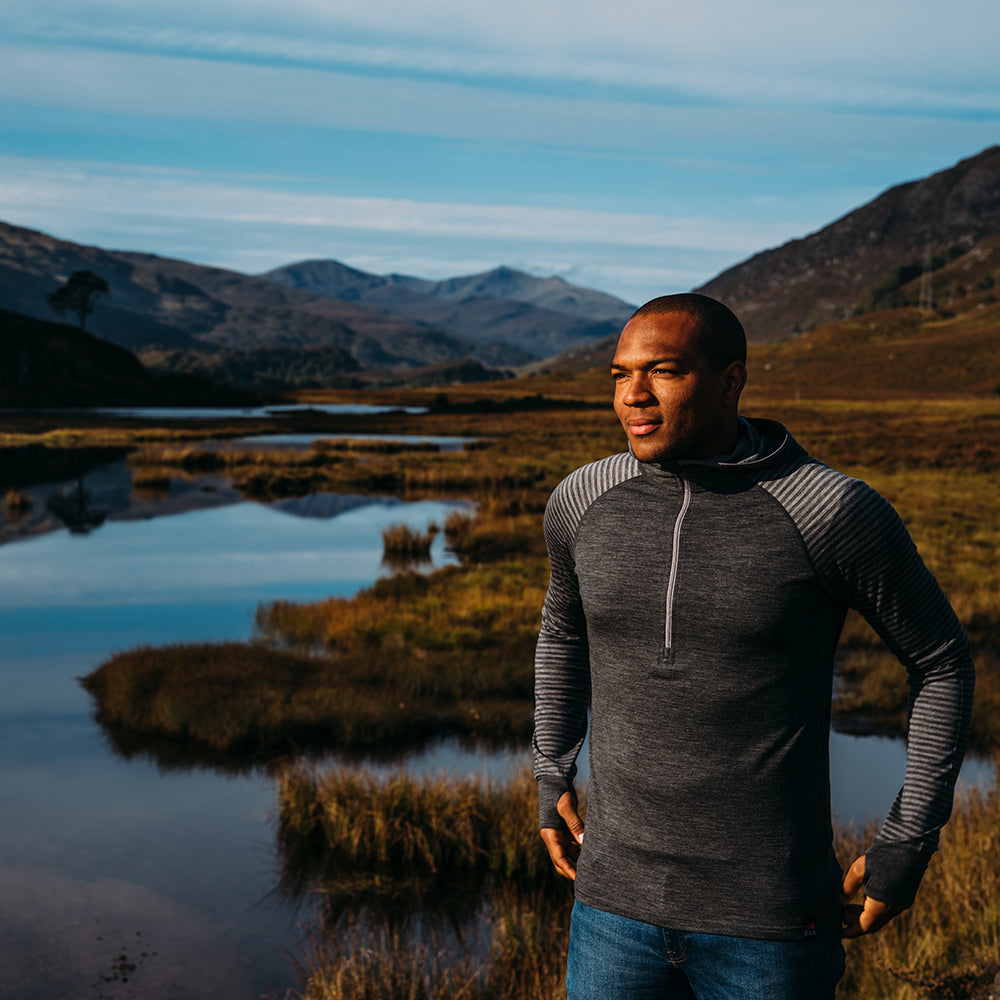 Isobaa | Mens Merino 200 Zip Neck Hoodie (Stripe Smoke/Charcoal) | The ultimate 200gm Merino wool hoodie. | Model: Edirin