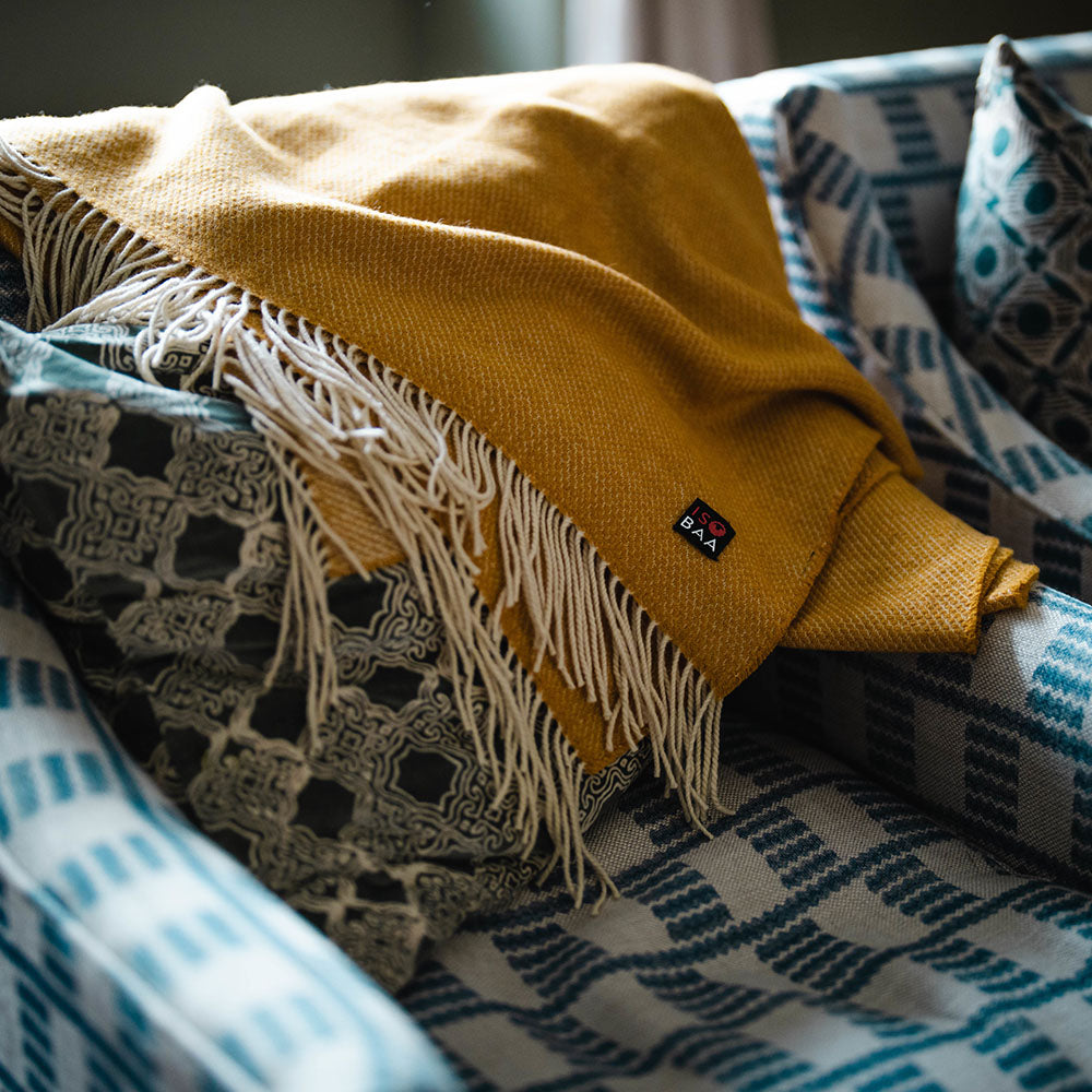 Isobaa | Merino Honeycomb Throw (Mustard) | Our Merino Honeycomb throw is made from our super-soft extra-fine Merino wool.