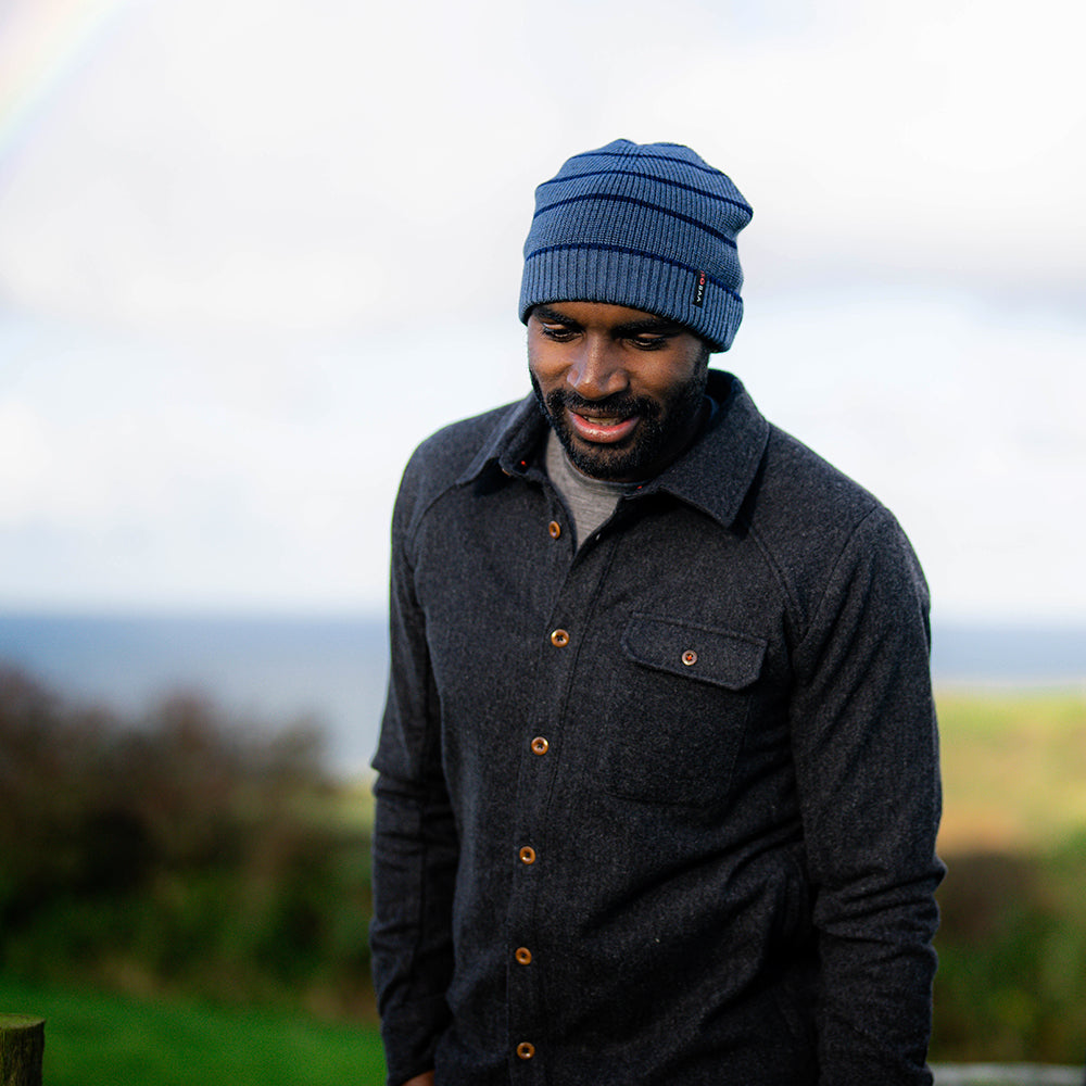 Isobaa | Merino Stripe Beanie (Denim/Navy) | Wrap yourself in cosy warmth with Isobaa's Merino beanie.