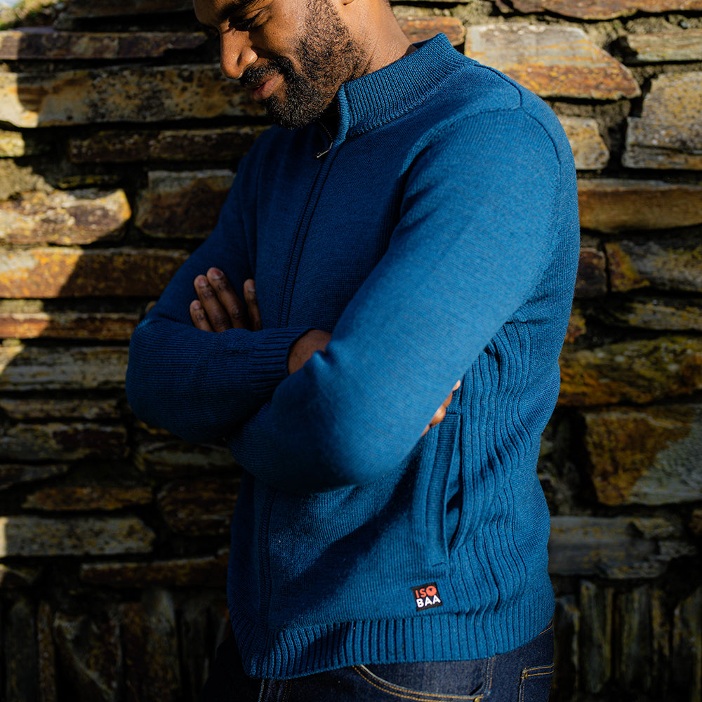 Isobaa | Mens Merino Zip Sweater (Petrol) | Discover exceptional warmth, comfort, and everyday versatility with our extrafine Merino wool sweater. | Model: Michael