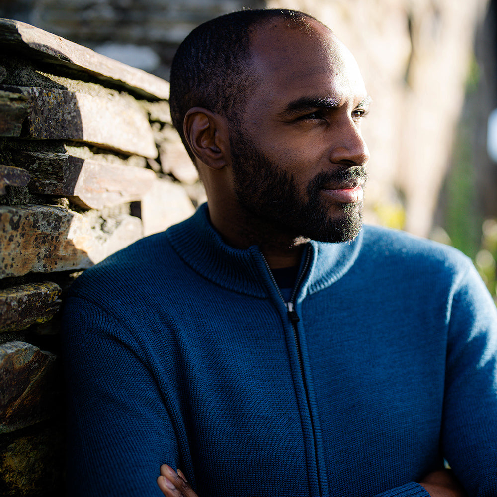 Isobaa | Mens Merino Zip Sweater (Petrol) | Discover exceptional warmth, comfort, and everyday versatility with our extrafine Merino wool sweater. | Model: Michael