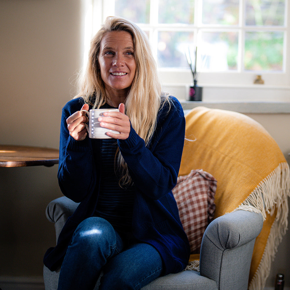 Isobaa | Womens Merino Open Cardigan (Navy) | Wrap yourself in pure comfort with Isobaa's extra-fine Merino cardigan. | Model: Amy