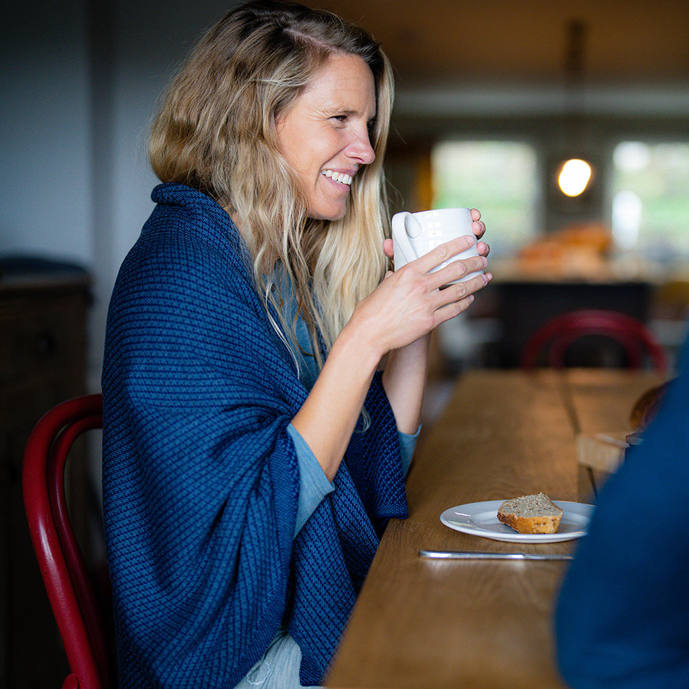 Isobaa | Merino Jacquard Shawl (Navy/Denim) | Beat the chill with Isobaa's luxuriously soft Merino shawl.