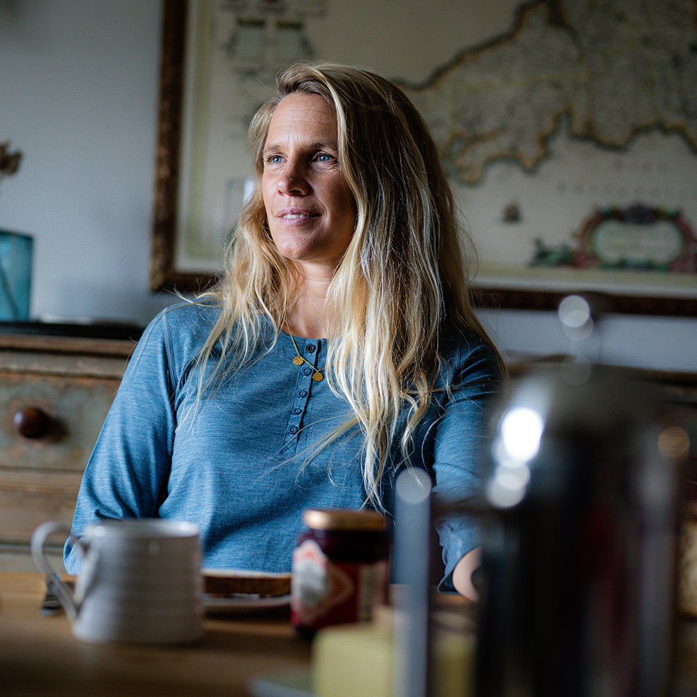 Isobaa | Womens Merino Blend 160 PJ Henley (Ocean Melange) | Embrace effortless comfort with Isobaa's Merino blend Henley. | Model: Amy