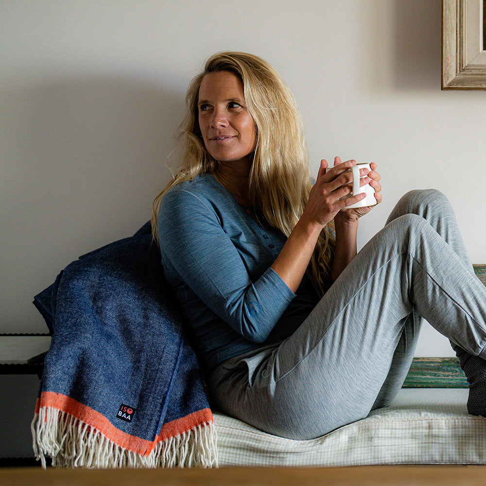 Isobaa | Merino Herringbone Throw (Navy/Orange Stripe) | Wrap yourself in pure comfort with Isobaa's super-soft Merino throw.